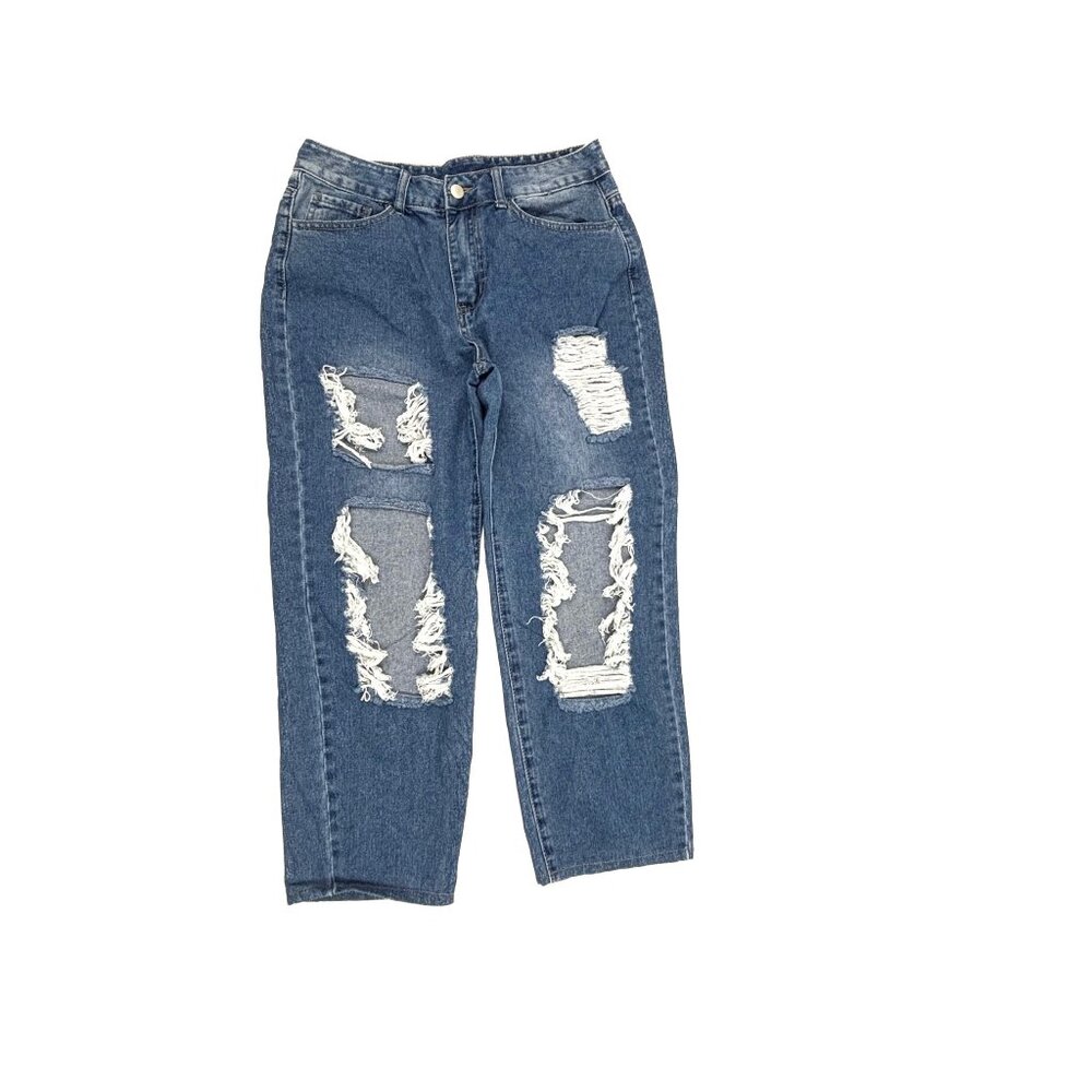 Shein Distressed Straight Leg Women's‎ size LP Dark Wash Blue Denim Jeans